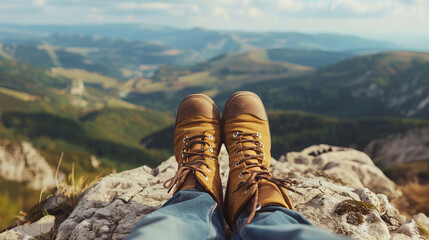 Close up of feet with hiking shoes from a man resting on top of a high hill or rock