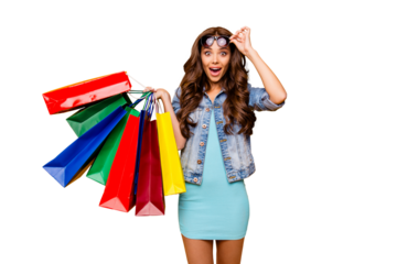 Close up photo beautiful her she lady yell scream shout new staff shopping spree excited big choice choose wear specs blue teal green short dress jeans denim jacket clothes isolated yellow background