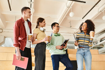 Multicultural students of various backgrounds discussing education indoors at university or high school
