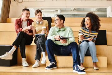 Multicultural students of various backgrounds gather on steps, engaged in conversation and sharing stories