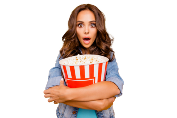 Close up photo beautiful her she lady yell scream shout hold big large popcorn box scary movie stupor staring wear blue teal green short dress jeans denim jacket clothes isolated yellow background
