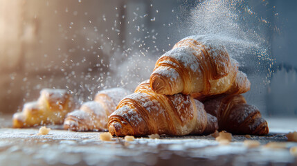 Close-up of freshly baked croissants in powdered sugar, with pink icing on the table, top view. Food concept. - obrazy, fototapety, plakaty