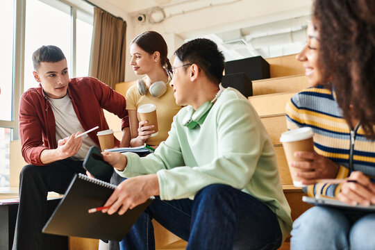 A multicultural group of students sitting closely in a circle, engaged in conversation and storytelling