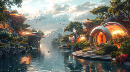 A 3D render depicting a serene yet futuristic digital world, combining advanced architecture with a vibrant natural landscape and a tranquil lake setting.