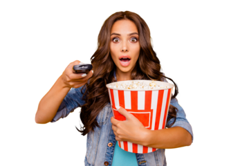Close up photo beautiful her she lady yell scream shout hold big large popcorn box stupor staring change channel wear blue teal green short dress jeans denim jacket clothes isolated yellow background