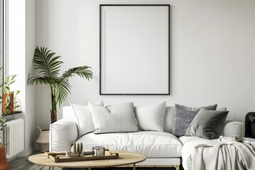 contemporary home interior design mockup room living room with painting frame on the wall white bright and clean interior colour scheme background - obrazy, fototapety, plakaty