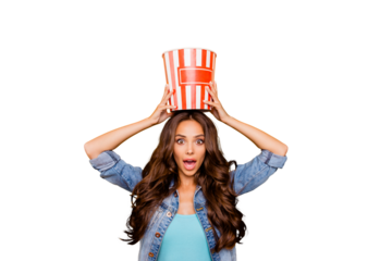 Close up photo beautiful her she lady hold big large popcorn box on head stupor oh no expression change channel wear blue teal green short dress jeans denim jacket clothes isolated yellow background
