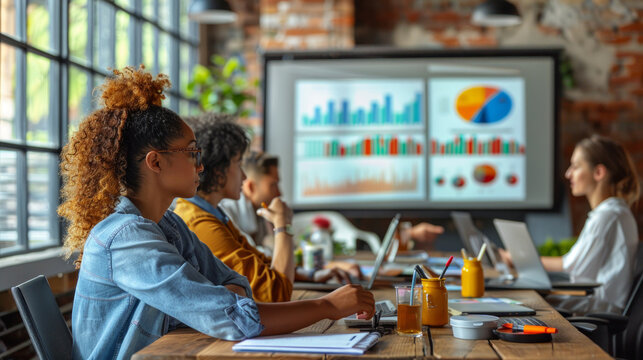 Diverse team of professionals attentively participates in a business meeting, focused on a presentation with charts and data analysis in an office setting.