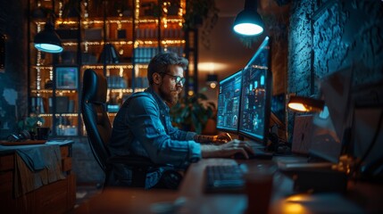 Dedicated male professional works diligently on programming tasks, surrounded by advanced technology and atmospheric lighting in a modern office.