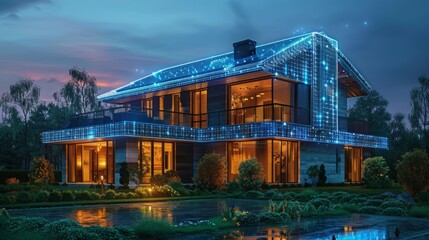 High-end suburban house adorned with blue LED lights, reflecting off a pond during the early hours of nightfall, showcasing modern living and digital enhancement.