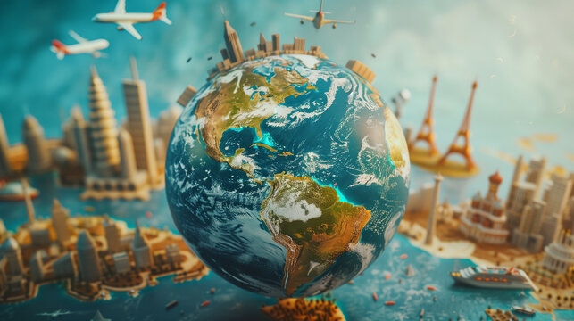 Fototapeta Whimsical 3D Illustration of Miniature World with Global Landmarks and Airplanes