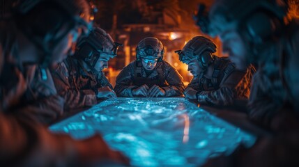 Group of soldiers in gear huddle around a glowing high-tech digital map, strategizing and planning in a military operation setting.