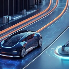 Obraz premium This futuristic generic electric vehicle (EV) is parked at a charging station unit charger, which is used to supercharge high-speed network infrastructure services and replenish long-range batteries f