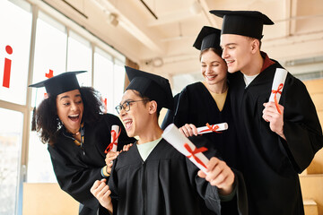 A diverse group of people in graduation gowns, holding diplomas, celebrating their academic achievements with smiles.