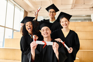 A group of students from different backgrounds, donning graduation gowns and caps, joyfully posing...