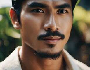 Charming young man from Southeast Asia. Portrait of a brunette with brown eyes and a beard. Soft sunlight.