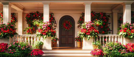 Fototapeta na wymiar Classic Home Entrance, Flower-Lined Pathway Leading to an Elegant Wooden Door, Welcoming Residential Facade