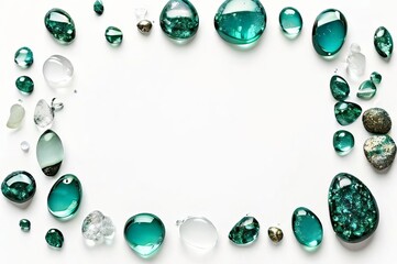 Blue precious and glass stones on white background, copy space