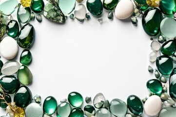 Blue precious and glass stones on white background, copy space