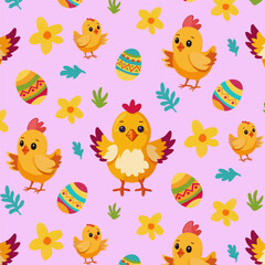 Pink Easter pattern with chicks, eggs, yellow flowers and grass