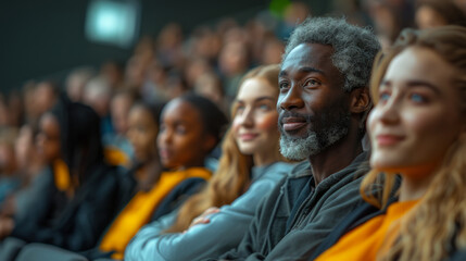 Obraz premium Ddiverse audience attentively listens to a speaker at a professional educational event or lecture in an auditorium setting.