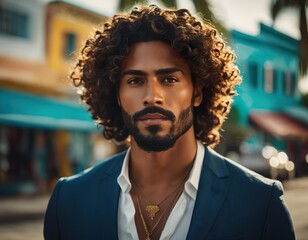 Handsome young man from the Caribbean. A brunette with tanned skin, a goatee, bright eyes and voluminous curls, conveying the vibrant spirit of Caribbean beauty.