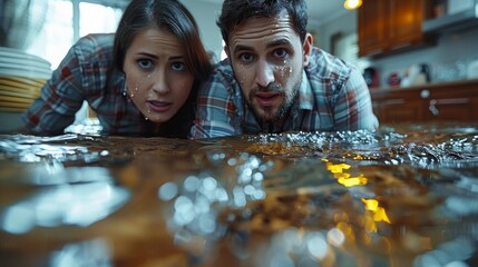Anxious couple looking at camera, overwhelmed by a sudden leak flooding their kitchen floor, searching for urgent help.