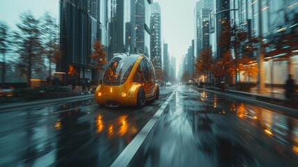 High fidelity image capturing a modern self-driving van moving along a rain-soaked street amidst towering city buildings. - 780375148