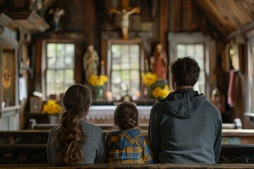A family of three sits in a church pew - obrazy, fototapety, plakaty
