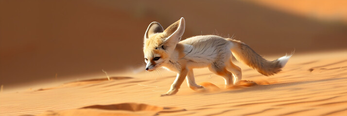 The elusive Fennec fox with its large ears adapted to the harsh desert heat, Surviving the Desert: Fennec Fox with Large Ears Navigating Harsh Heat - obrazy, fototapety, plakaty