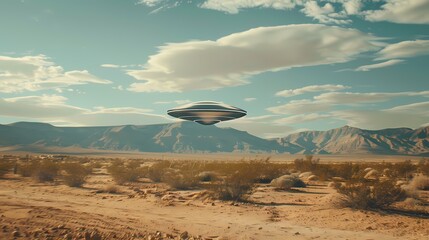 Fototapeta na wymiar Digital metal flying saucer desert scene poster background