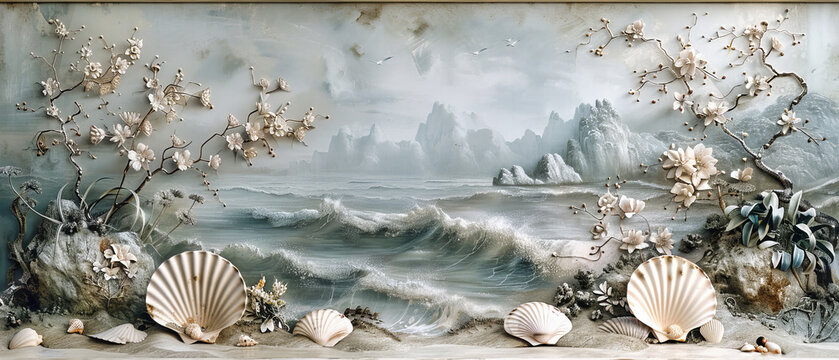 Coastal Seascape Painting, Artistic Interpretation of Ocean Waves, Serene and Vibrant Beach Scene