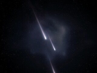 Falling meteorites at night. Bolides glow in the sky. Beautiful astronomical landscape.
