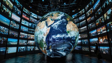 This image depicts a large globe surrounded by screens displaying images of various international events, such as protests, wars, and political figures. The screens are all tuned to diffeGenerative AI - obrazy, fototapety, plakaty