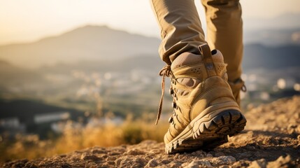 Hiker s macro boots exploring mountain landscape adventure in nature outdoors sport background