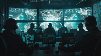 This dramatic image depicts a group of hackers gathered in a dark room, surrounded by computer screens displaying intricate digital maps of the Ukrainian power grid. They coordinate a sopGenerative AI