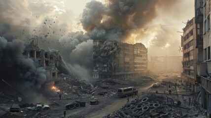 This somber image captures a destroyed building in Ukraine. The aftermath of missile strikes leaves behind rubble, with smoke billowing into the sky. Emergency workers are seen franticallGenerative AI