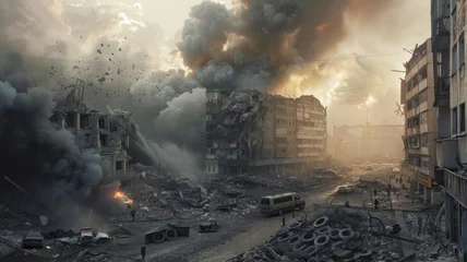Foto op Aluminium This somber image captures a destroyed building in Ukraine. The aftermath of missile strikes leaves behind rubble, with smoke billowing into the sky. Emergency workers are seen franticallGenerative AI © lee