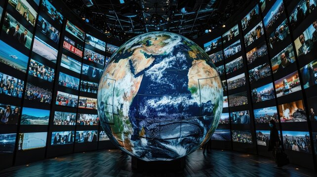 This image depicts a large globe surrounded by screens displaying images of various international events, such as protests, wars, and political figures. The screens are all tuned to diffeGenerative AI