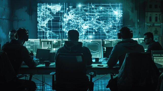 This dramatic image depicts a group of hackers gathered in a dark room, surrounded by computer screens displaying intricate digital maps of the Ukrainian power grid. They coordinate a sopGenerative AI