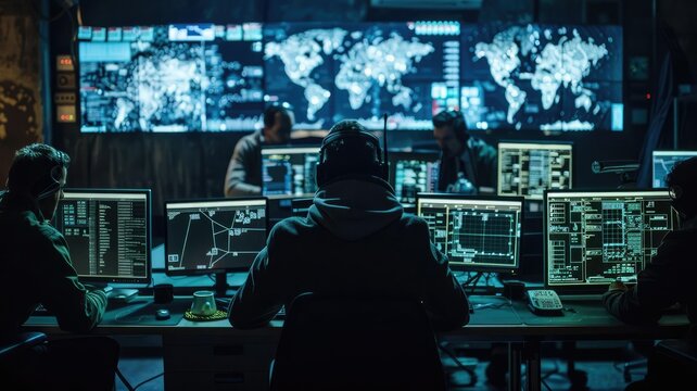 This dramatic image depicts a group of hackers gathered in a dark room, surrounded by computer screens displaying intricate digital maps of the Ukrainian power grid. They coordinate a sopGenerative AI
