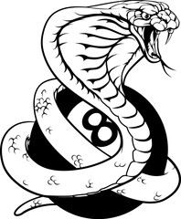 A cobra snake angry mean pool billiards mascot cartoon character holding a black 8 ball.