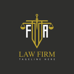FA initial monogram for lawfirm logo with sword and scale.