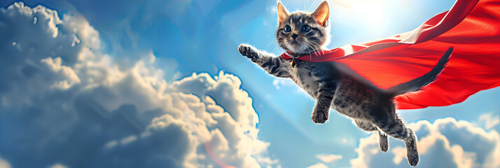 A cat in a red cape flies through the sky, Airborne Adventure: Cat Takes to the Sky in Red Cape - obrazy, fototapety, plakaty