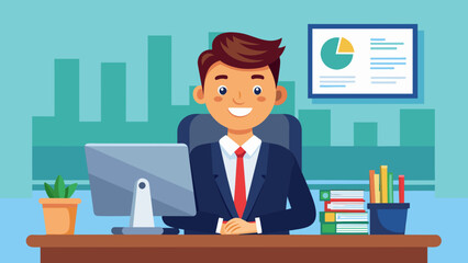 businessman sitting at desktop vector illustration