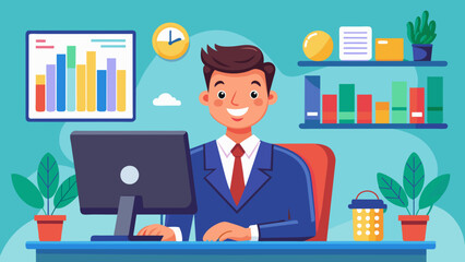 businessman sitting at desktop vector illustration