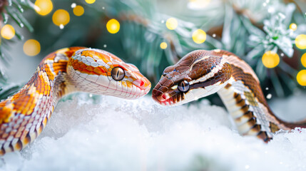 Two cute cartoon snakes with expressive eyes on snow, Christmas tree background with bokeh lights. Symbol of the 2025 New year funny snake illustration for calendar, greeting card design, poster - obrazy, fototapety, plakaty