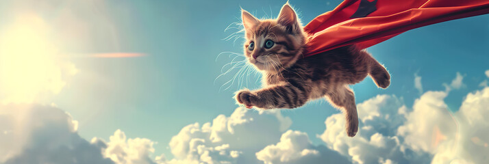 A cat in a superhero costume with a red stripe on its chest, Whiskered Avenger: Cat Donning Superhero Costume with Red Emblem - obrazy, fototapety, plakaty