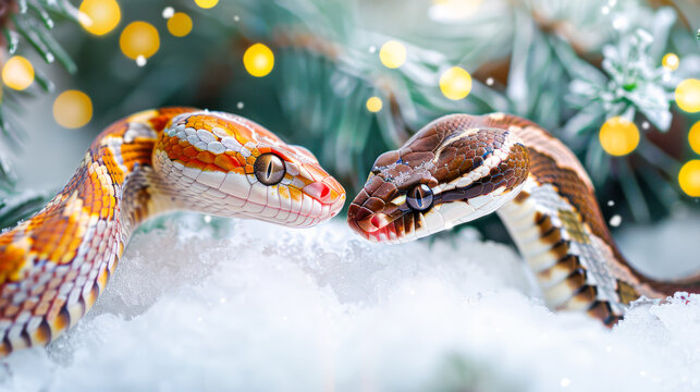 Two cute cartoon snakes with expressive eyes on snow, Christmas tree background with bokeh lights. Symbol of the 2025 New year funny snake illustration for calendar, greeting card design, poster