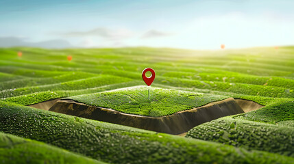 Location pin icon on green land plot, estate investment, land plot for construction project. 3d ground slice section - obrazy, fototapety, plakaty